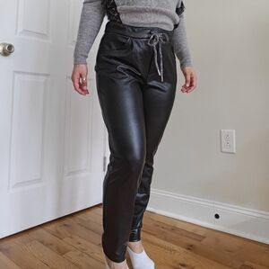 Joseph Ribkoff Sz 10 Black Faux Leather Pants Trousers Silver Drawstring Pockets
